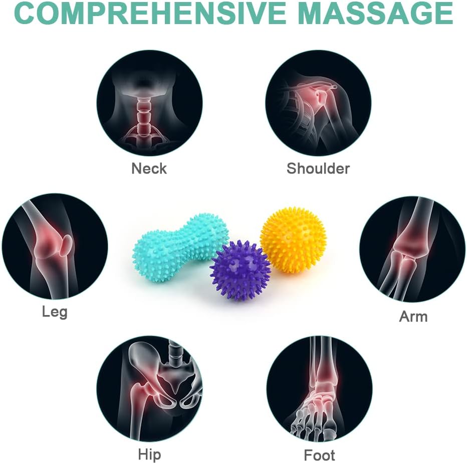 URAQT Spiky Massage Ball, 3 Pack Hard Spiky Massage Ball Roller Set, Professional Physical Therapy Massage Balls for Myofascial Release, Trigger Point Deep Tissue Massage, Plantar Fasciitis Recovery