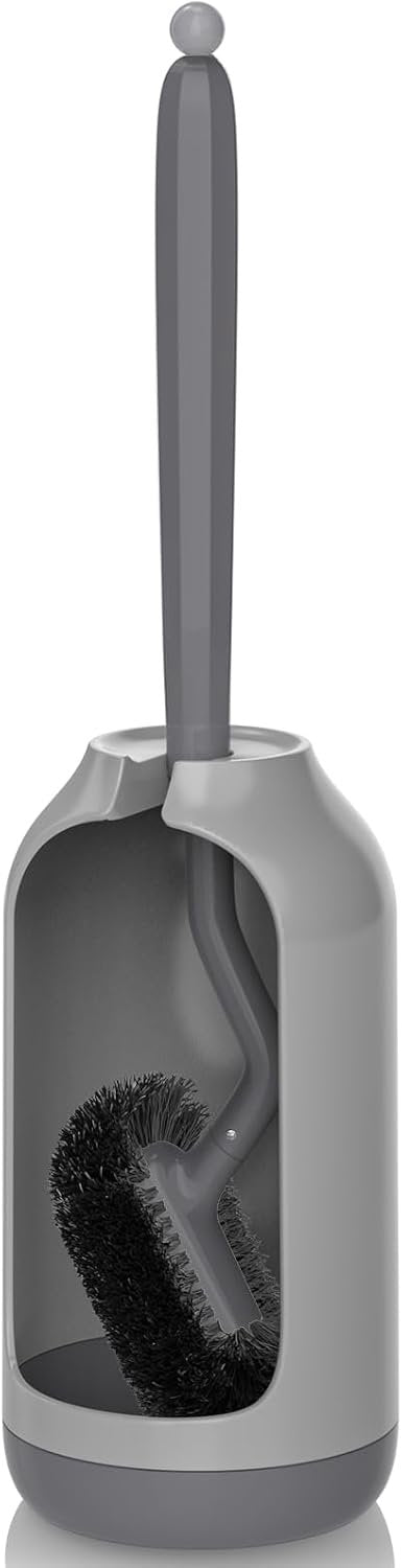 HAMITOR Toilet Brush and Holder Set: Curved Design Bathroom Toilet Bowl Cleaner Brush for Deep Cleaning Under Rim- Flexible Bristles Toilet Scrubber with Long Handle- Modern Travel RV Tools- Gray