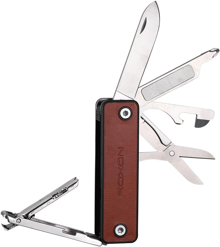 ROXON M4 10 in 1 Portable Nail Clipper Multi Tool with Leather,Utility Tool with Safety Lockable Small Knife,Scissors,File,Bottle Opener,Screwdriver,Personal Care Gadgets and Useful Gift for All