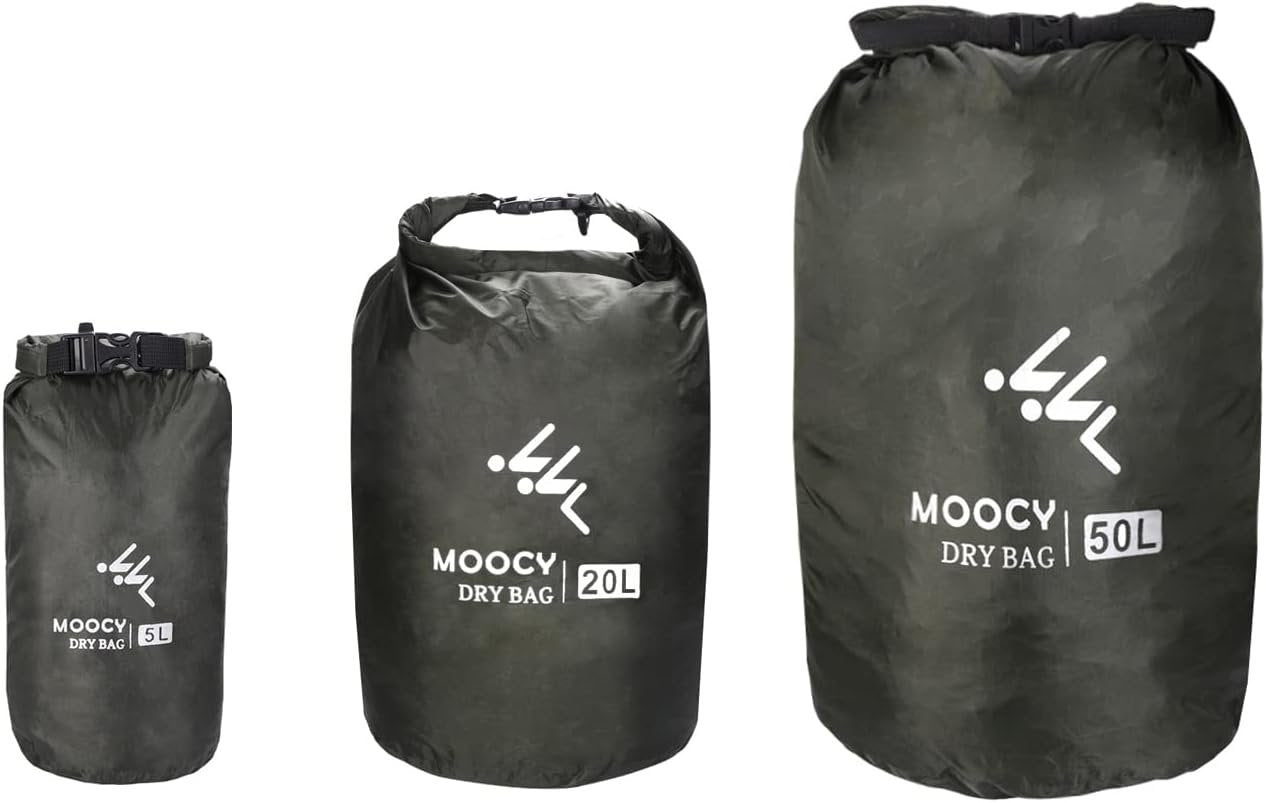 MOPHOEXII Waterproof Dry Bag,1pk or 3pk Lightweight Waterproof Storage Dry Sacks,5L, 20L and 50L Sizes Waterproof Pack Liner for Outdoor Camping Boating Hiking Rafting(Dark Green, 3 Pk - 5L, 20L,50L)