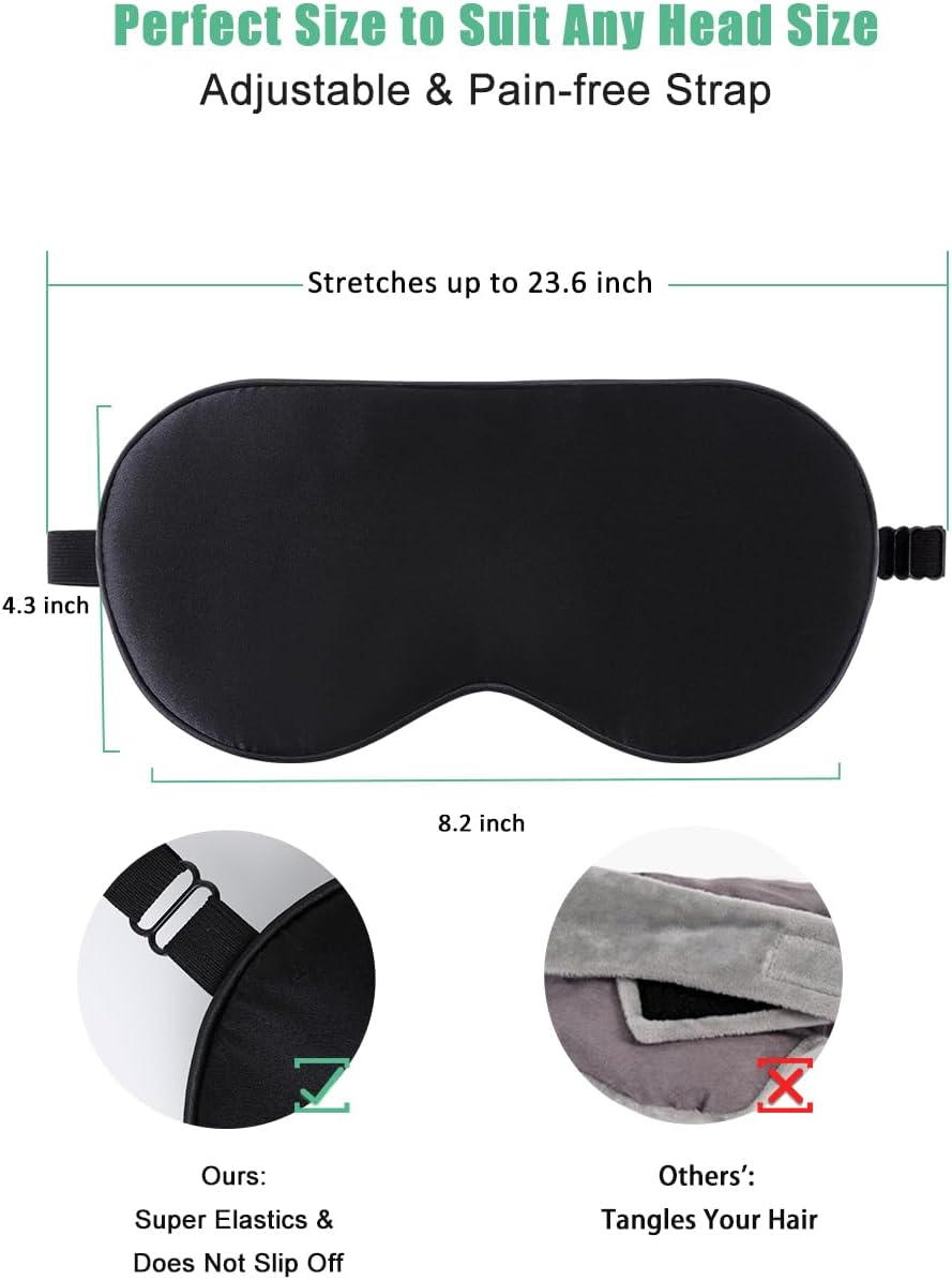 Silk Sleep Mask, 2 Pack 100% Real Natural Pure Silk Eye Mask with Adjustable Strap, Eye Sleeping Mask, BeeVines Eye Sleep Shade Cover for Summer Travel Reduces Puffy Eyes (Black & Blue)
