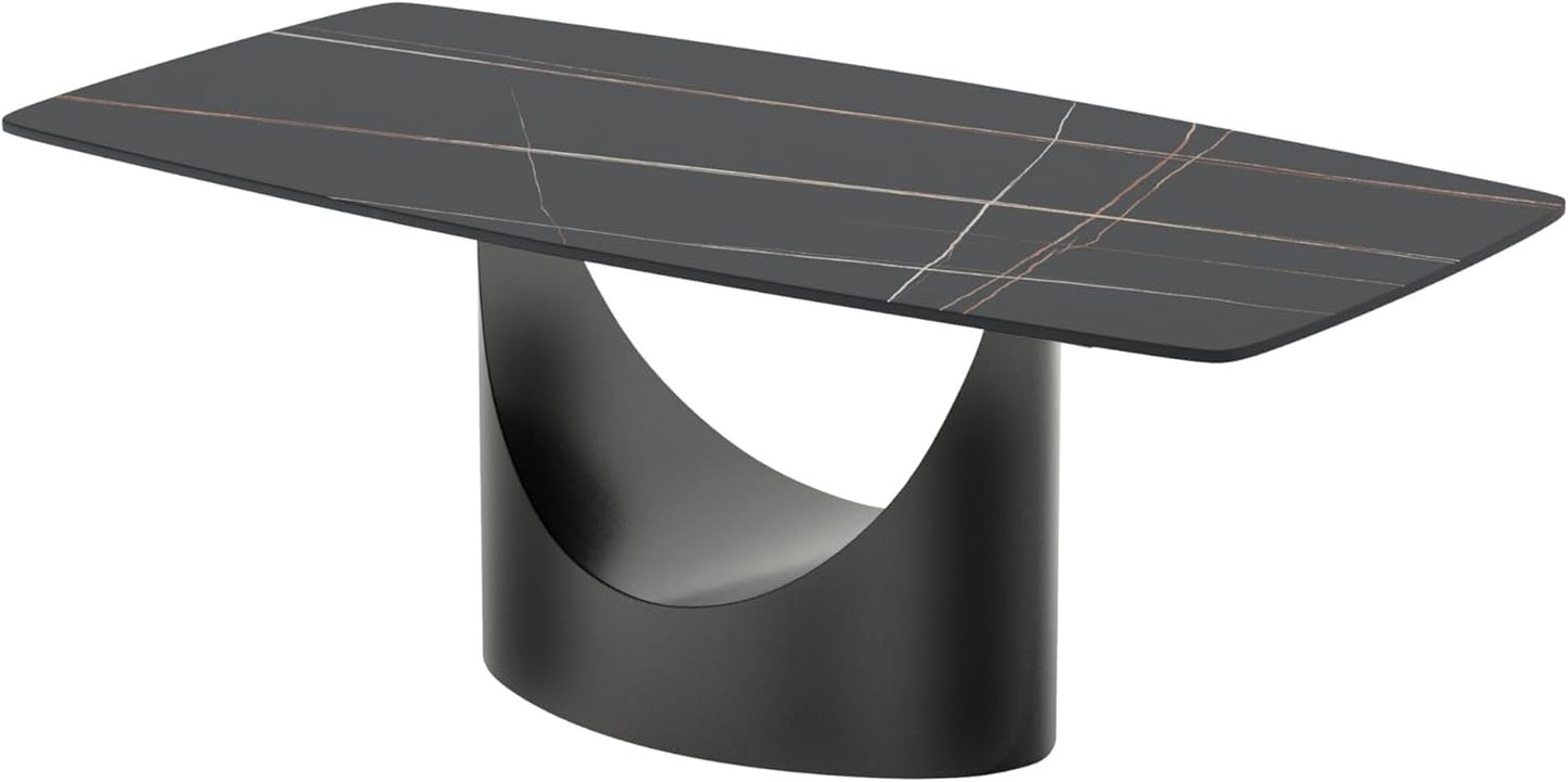 POVISON 94'' Modern Rectangular Dining Table for 8–10 – Black Sintered Stone Tabletop w/Dark Grey Carbon Steel Pedestal, Luxury Kitchen & Dining Room Table, Elegant Large-Capacity Design