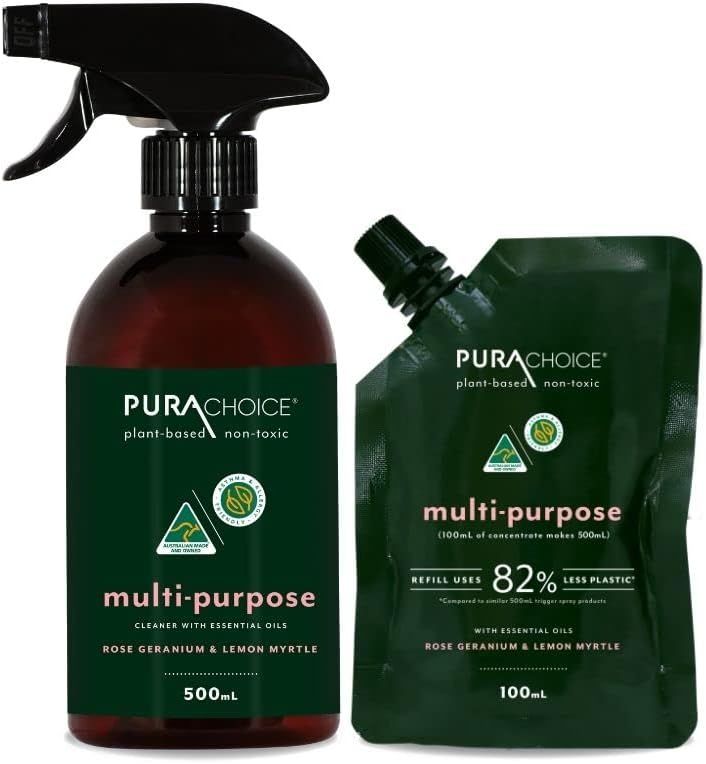 PURA CHOICE® Safe & Natural, Asthma & Allergy Friendly Streak Free Multi-Purpose Cleaner with Rose Geranium & Lemon Myrtle Premium Pure Essential Oil. Includes: 1 x 500mL plus 1 x 100mL Concentrate = 1L of Multi-Purpose Cleaner
