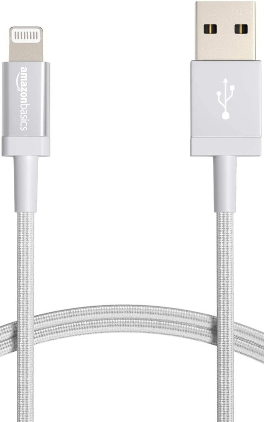 Amazon Basics Lightning to USB-A Charging Cable, MFi Certified Nylon Braided iPhone Charging Cable, Silver, 1.8m