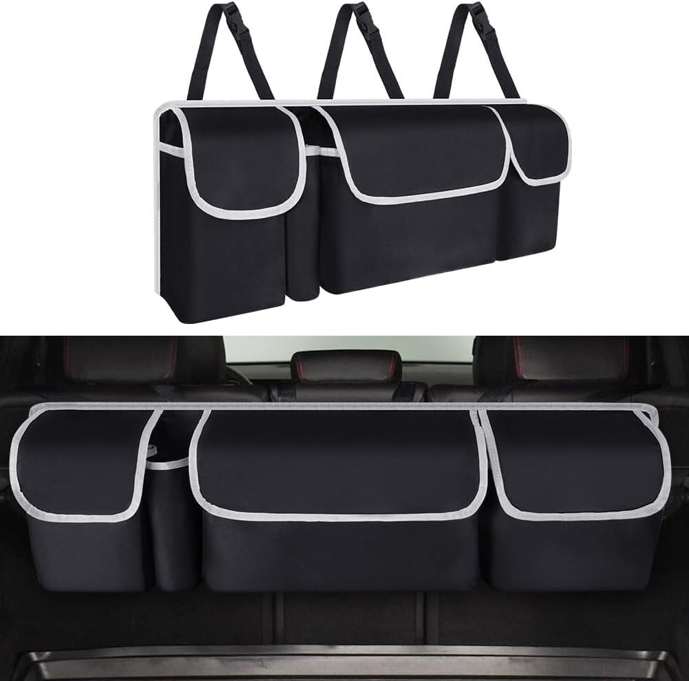 HENWUBEI Backseat Trunk Organizer - Car Hanging Organizer Foldable Seat Back Cargo Storage Space Saving Bag with Adjustable Straps Large Pockets Durable Cover for SUV Van MPV Most Vehicles Black
