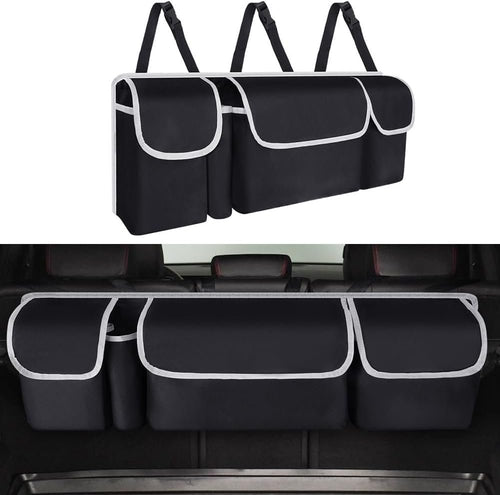 HENWUBEI Backseat Trunk Organizer - Car Hanging Organizer Foldable Seat Back Cargo Storage Space Saving Bag with Adjustable Straps Large Pockets Durable Cover for SUV Van MPV Most Vehicles Black