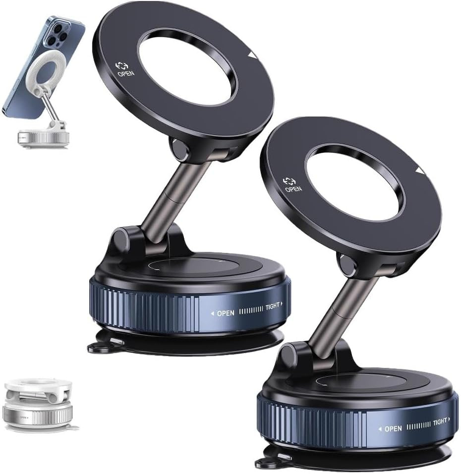Eptchn Maglock 360° Foldable Magnetic Phone Mount,2025 Upgraded Vacuum 96lbs Ultra Suction Cup Car Phone Holder,Adjustable Phone Stand for Magsafe Cell Phone Holders for Car/Gym/Mirror(2pcs Black)