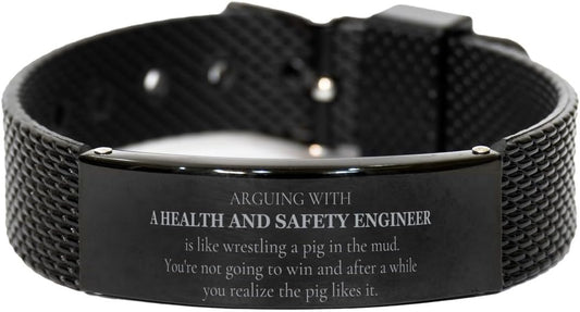 Black Shark Mesh Bracelet for Health and Safety Engineer: Wrestling with a Pig in the Mud - Perfect Idea Gifts for Birthday or Graduation, Inspirational and Unique Design, Stainless Steel, no gemstone