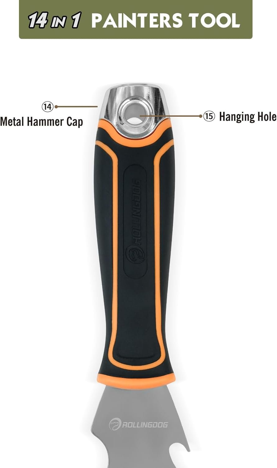 ROLLINGDOG Paint Scraper - 3" Putty Knife Scraper with Stainless Steel Blade,Metal Hammer End,Multi Tool (14 in 1)