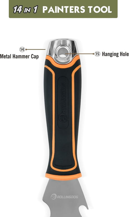 ROLLINGDOG Paint Scraper - 3" Putty Knife Scraper with Stainless Steel Blade,Metal Hammer End,Multi Tool (14 in 1)