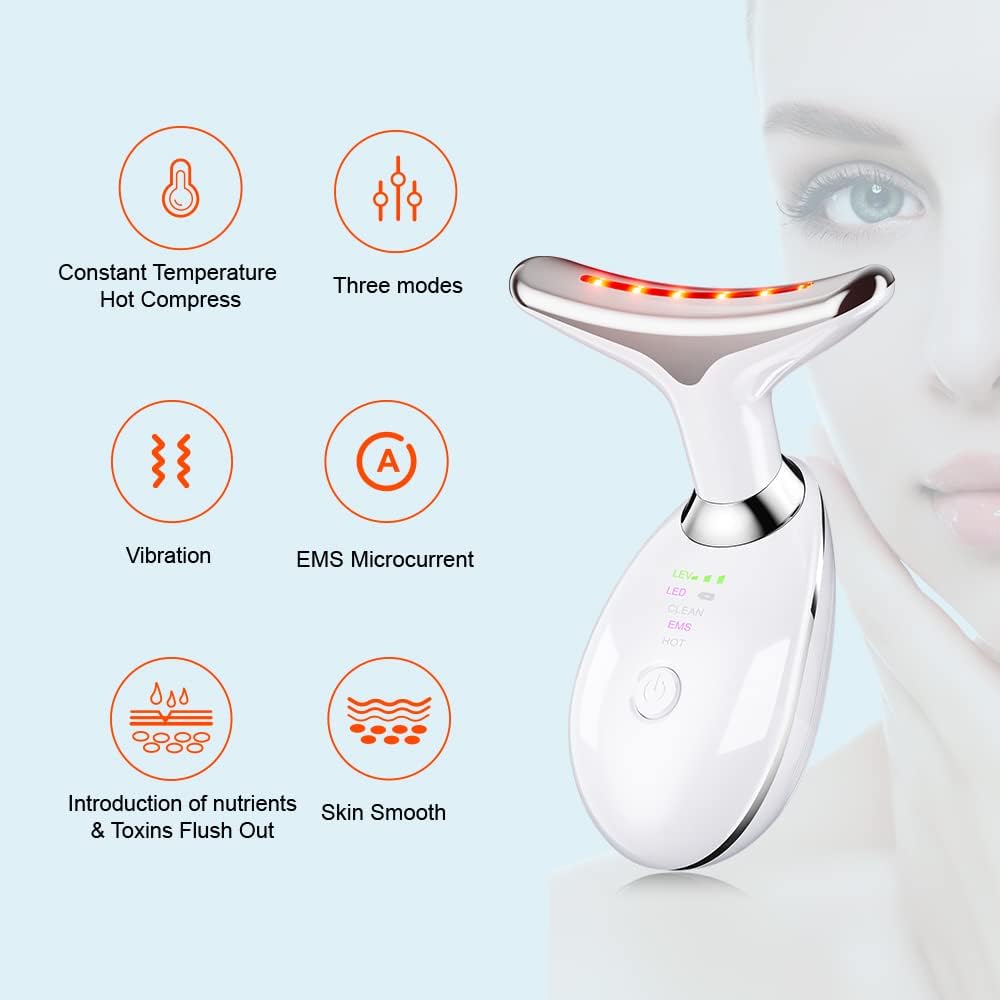 Firming Wrinkle Removal Device for Neck Face, Double Chin Reducer Vibration Facial Massager with Three Uses LED Heat Modes for Skin Care Tightens and Lifts (white)