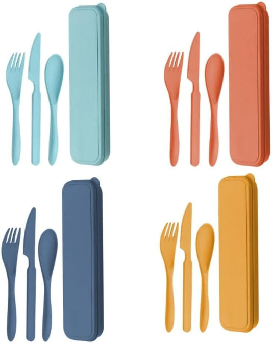 4 Sets Wheat Straw Cutlery Portable Cutleryï¼ŒReusable Travel Flatware Setï¼Œ Spoon Fork Knife, Travel Utensil. Lunch Boxes Workplace Camping School Picnic or Daily Use(Green,Yellow,Orange,Blue)