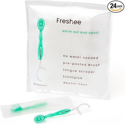 Freshee 5 in 1 Disposable Mini Toothbrush with Toothpaste + Floss + Pick + Tongue Scraper | Travel Size | Individually Wrapped | Soft | Mint | Travel Set | Oral Care