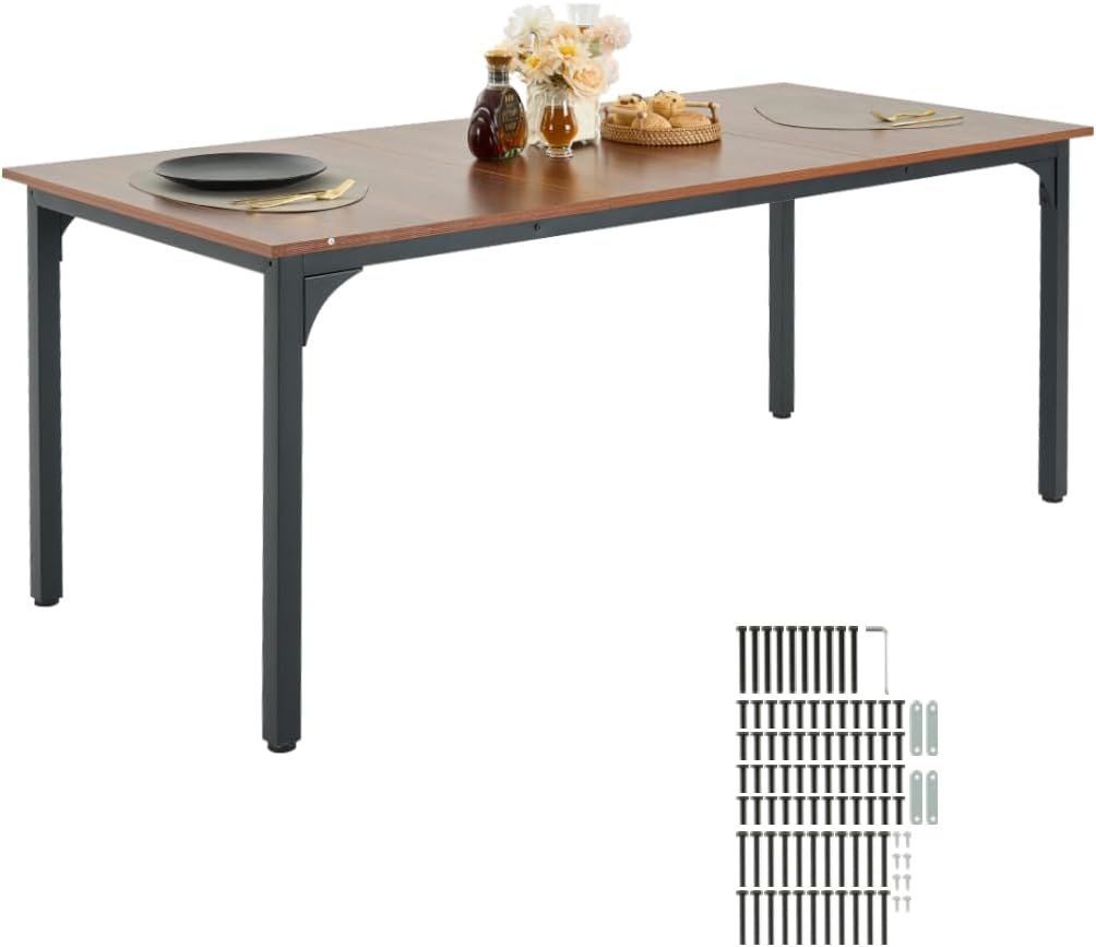 VEVOR Rectangle Dining Table, 71 inch Length Large Wood Tables for 6-8 Person, Farmhouse Dinner Furniture, Rustic Conference Desk with Iron Legs, for Home Kitchen Living Room, Brown(Only Table)