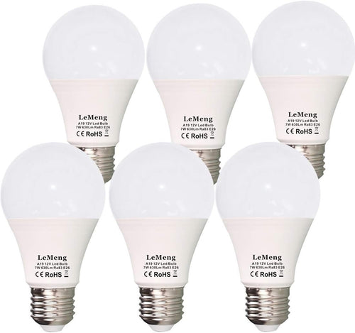 12V LED Bulb E26 7W 630Lm 12 Volt Low Voltage Lights AC/DC 11-16V E27 A19 Edison Lamp(3000K Warm White)40-60 Watt Bulbs Equivalent-12volt Battery Power System Interior Off Grid Solar Lighting- 6 Pack