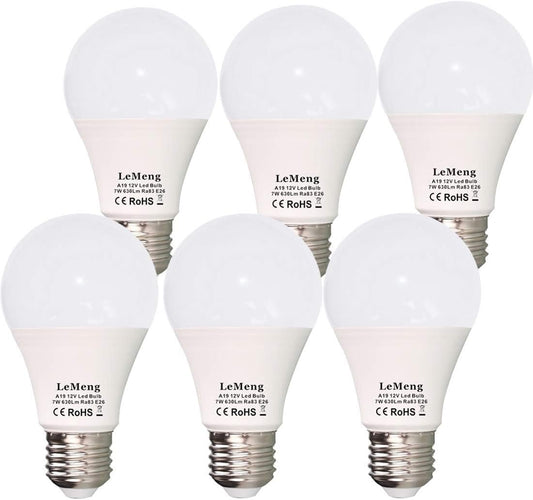 12V LED Bulb E26 7W 630Lm 12 Volt Low Voltage Lights AC/DC 11-16V E27 A19 Edison Lamp(3000K Warm White)40-60 Watt Bulbs Equivalent-12volt Battery Power System Interior Off Grid Solar Lighting- 6 Pack
