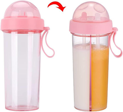 600ml Dual Use Water Bottle, Two Straws Double Drinking Bottle Split Drinking Cup Two Sided Cup with Divider Daily Water Intake Bottle for Home Outdoor Camping Sport