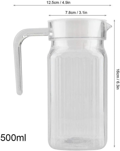 Water Juice Pitcher, 500ml Acrylic Beverage Drink Pitcher with Lid and Handle Ribbed Striped Juice Bottle Glassware Drinkware Water Ice Cold Dispenser for Bar Home Application
