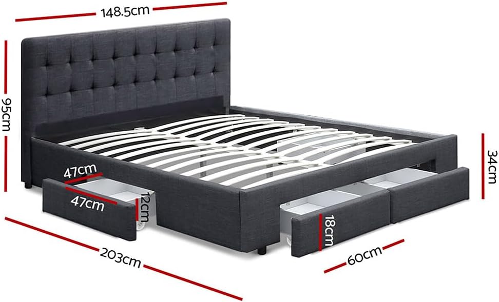 Artiss Double Bed Frame Platform Tufted Headboard Frames Beds Base with 4 Storage Drawers Bedroom Room Decor Home Furniture, Upholstered with Charcoal Faux Linen Fabric + Foam + Wood