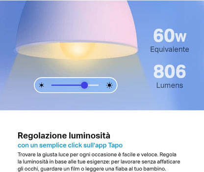 Tapo L510E Wi-Fi E27 Bulb, Works with Amazon Alexa and Google Home, 806 Lumens, 1% to 100% Dimmable Warm Yellow, 2700K, Remote Control, 1 Piece