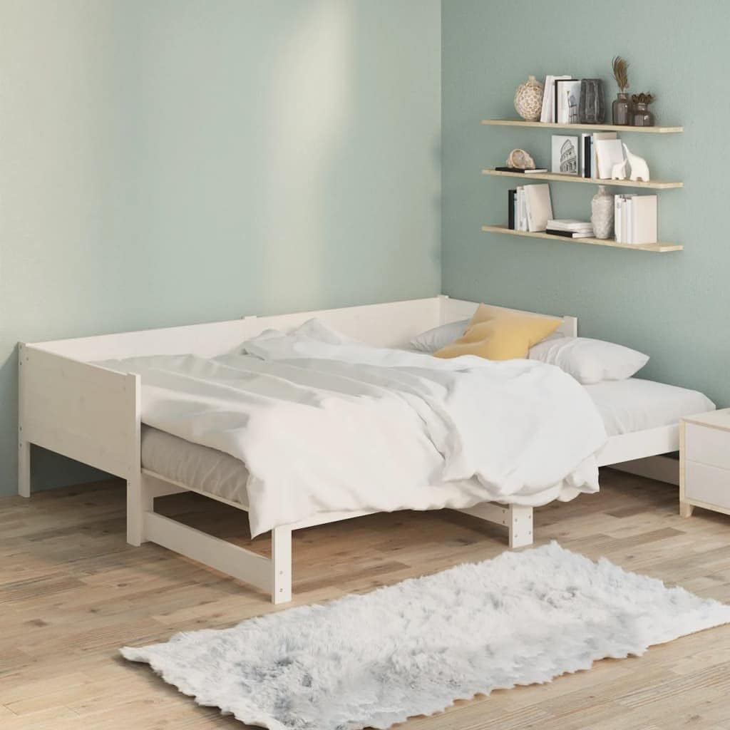 vidaXL Solid Wood Pine Pull-Out Day Bed Living Room Bedroom Sleepover Overnight Bed Couch Sofa Seat Occasional Bed Home Wooden Furniture White