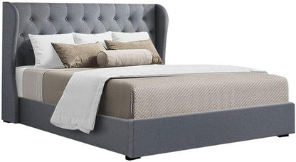 Artiss Queen Bed Frame Platform Wingback Headboard Frames Gas Lift Beds Base with Storage Space Bedroom Room Decor Home Furniture, Upholstered with Grey Faux Linen Fabric + Foam + Wood