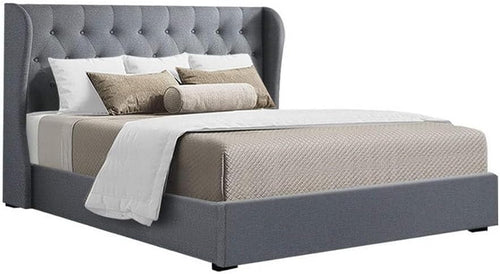 Artiss Queen Bed Frame Platform Wingback Headboard Frames Gas Lift Beds Base with Storage Space Bedroom Room Decor Home Furniture, Upholstered with Grey Faux Linen Fabric + Foam + Wood