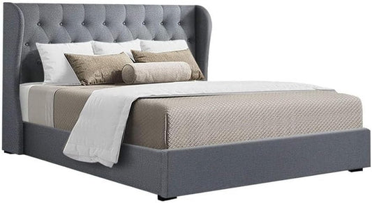 Artiss Queen Bed Frame Platform Wingback Headboard Frames Gas Lift Beds Base with Storage Space Bedroom Room Decor Home Furniture, Upholstered with Grey Faux Linen Fabric + Foam + Wood