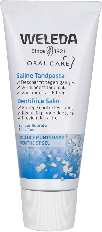 Weleda Saline Toothpaste, Fluoride Free Sea Salt Toothpaste, Neutralises Harmful Acids and Protects Against Caries and Plaques, 6 in 1 Treatment (1x75ml)