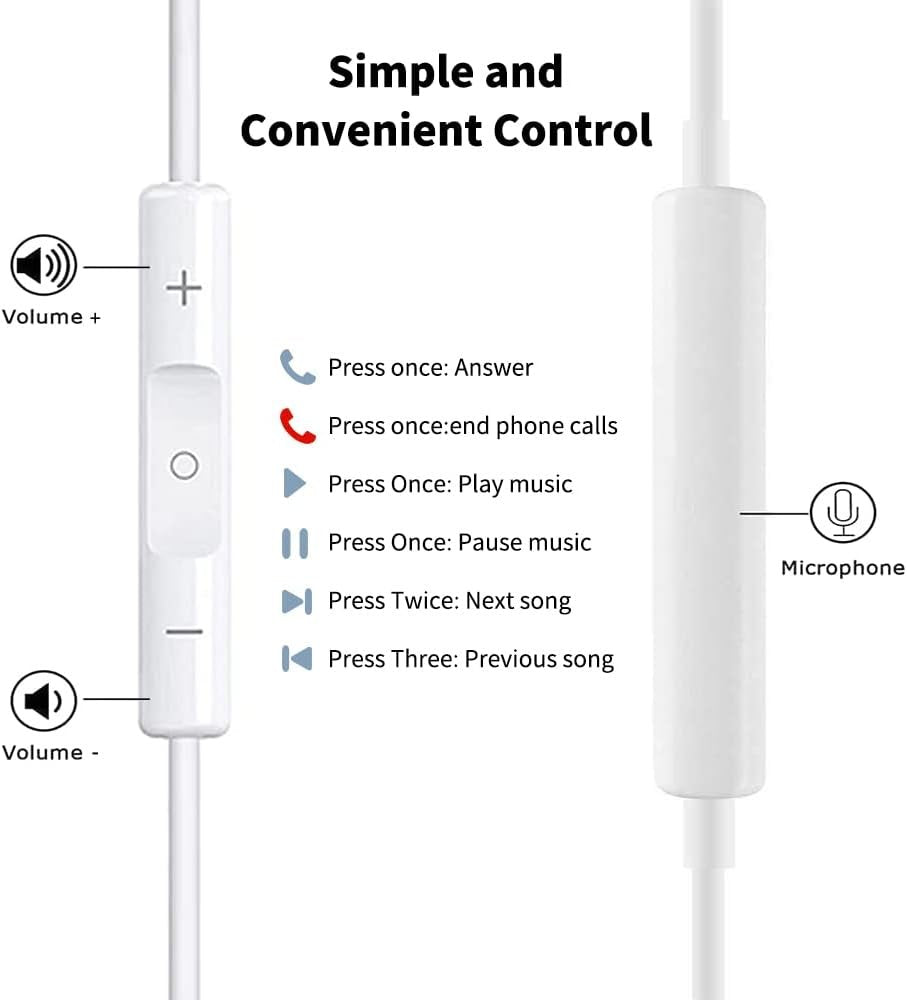 Feefuzz 2 Packs Apple Wired Headphones Earbuds with Microphone,in-Ear Earphones Volume Control[Apple MFi Certified] Compatible iPhone/ipad/Android/Computer 3.5mm Jack Devices, White, Small-6 (MX13)