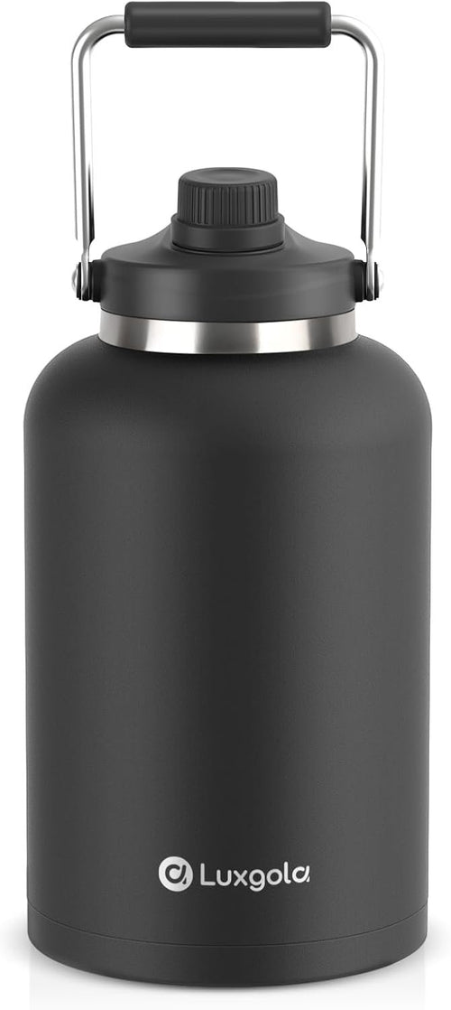 Luxgola 128 oz Insulated Water Bottle with Spout Lid and Handle, One Gallon Stainless Steel Large Double Vacuum Water Jug for Cold & Hot Drinks - Sweat Proof, Great for Travel, Gym, Camping - Black