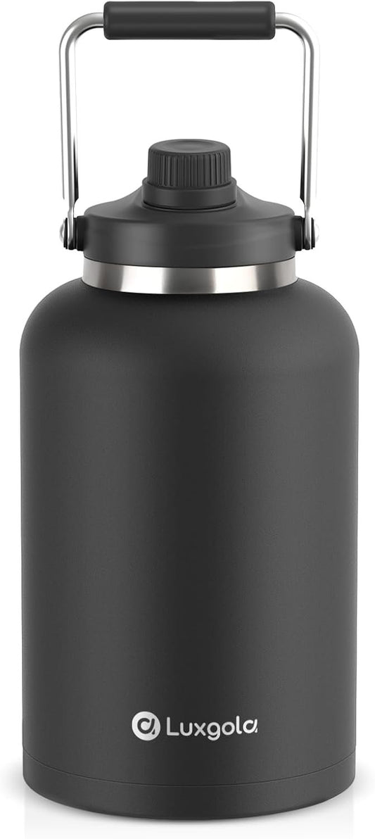 Luxgola 128 oz Insulated Water Bottle with Spout Lid and Handle, One Gallon Stainless Steel Large Double Vacuum Water Jug for Cold & Hot Drinks - Sweat Proof, Great for Travel, Gym, Camping - Black