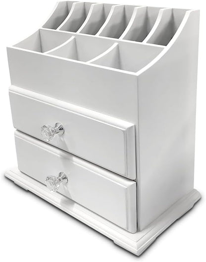 White Wood Cosmetics Organizer Makeup & Beauty Accessories Storage Rack with Drawers for Neat & Organize Storing of Makeup Tools Small Accessories at Home & Office Vanities & Bathroom Counter-top