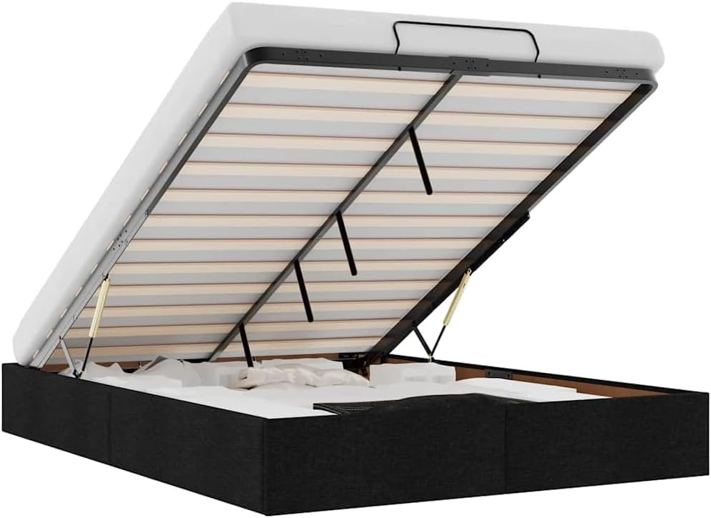 vidaxl Ottoman Bed Frame - Black Queen Size Fabric Storage Bed with Hydraulic Lift/Slat Base for Modern Bedroom