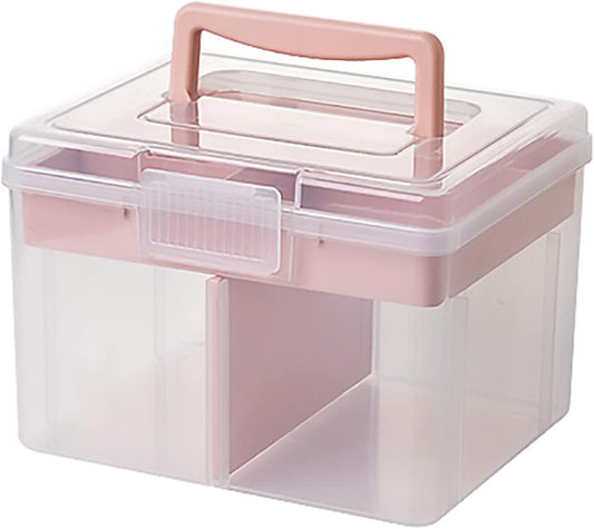 FOREVERIE Small Portable Plastic Cosmetic Case with Handle & Removable Tray & Adjustable Divider, Beauty Ornaments Hair Nail Accessories Storage Box, Sewing Box Organizer, Kids Art Box (Clear & Pink)