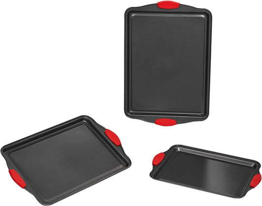 VEVOR Baking Pans Set, 3-Piece, Nonstick Carbon Steel Cookware Sheets & Trays, Stackable Kitchen Oven Bakeware Cooking Sets with Silicone Handles, Easy to Clean, for Baking Cookie Cake Muffin Bread