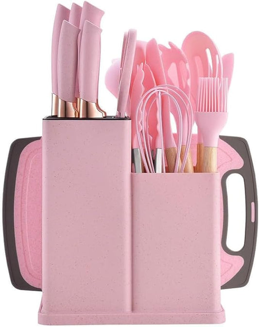 Cooking Utensils Set,19 PCS Silicone Kitchen Utensils Set with Holder and Kitchen Knife Set for Cooking, Non-stick Heat Resistant Kitchen Tools and Gadgets with Wooden Handle (Pink)