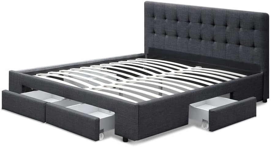 Artiss Double Bed Frame Platform Tufted Headboard Frames Beds Base with 4 Storage Drawers Bedroom Room Decor Home Furniture, Upholstered with Charcoal Faux Linen Fabric + Foam + Wood