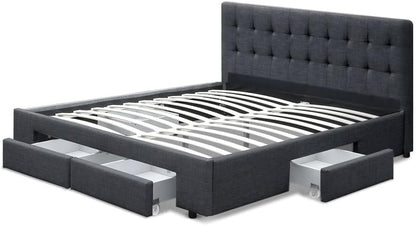 Artiss Double Bed Frame Platform Tufted Headboard Frames Beds Base with 4 Storage Drawers Bedroom Room Decor Home Furniture, Upholstered with Charcoal Faux Linen Fabric + Foam + Wood