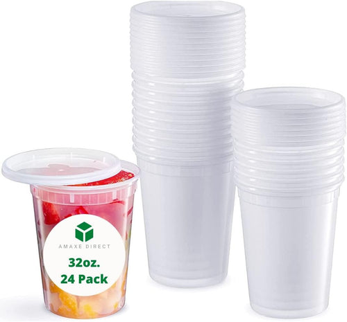 Amaxe Direct [32 oz - 24 Sets] 950ML Plastic Deli Food Storage Containers with Airtight Lids - Microwavable,Freezer & Dishwasher Safe
