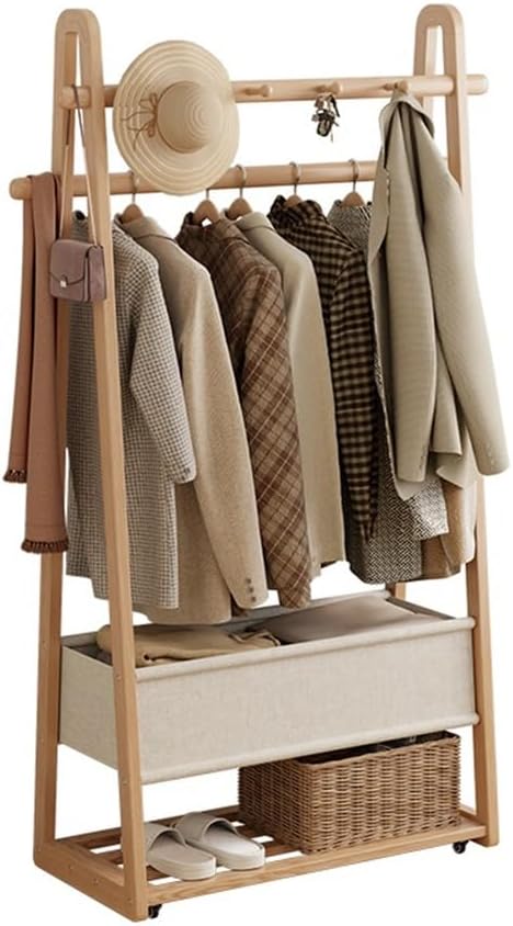 Generico Appendiabiti Elegante in Legno massello con Ruote - Appendiabiti Mobile per Cappelli e Vestiti per Ingresso e Camera da Letto - Design salvaspazio con Borsa in Tessuto per Una Facile organiz