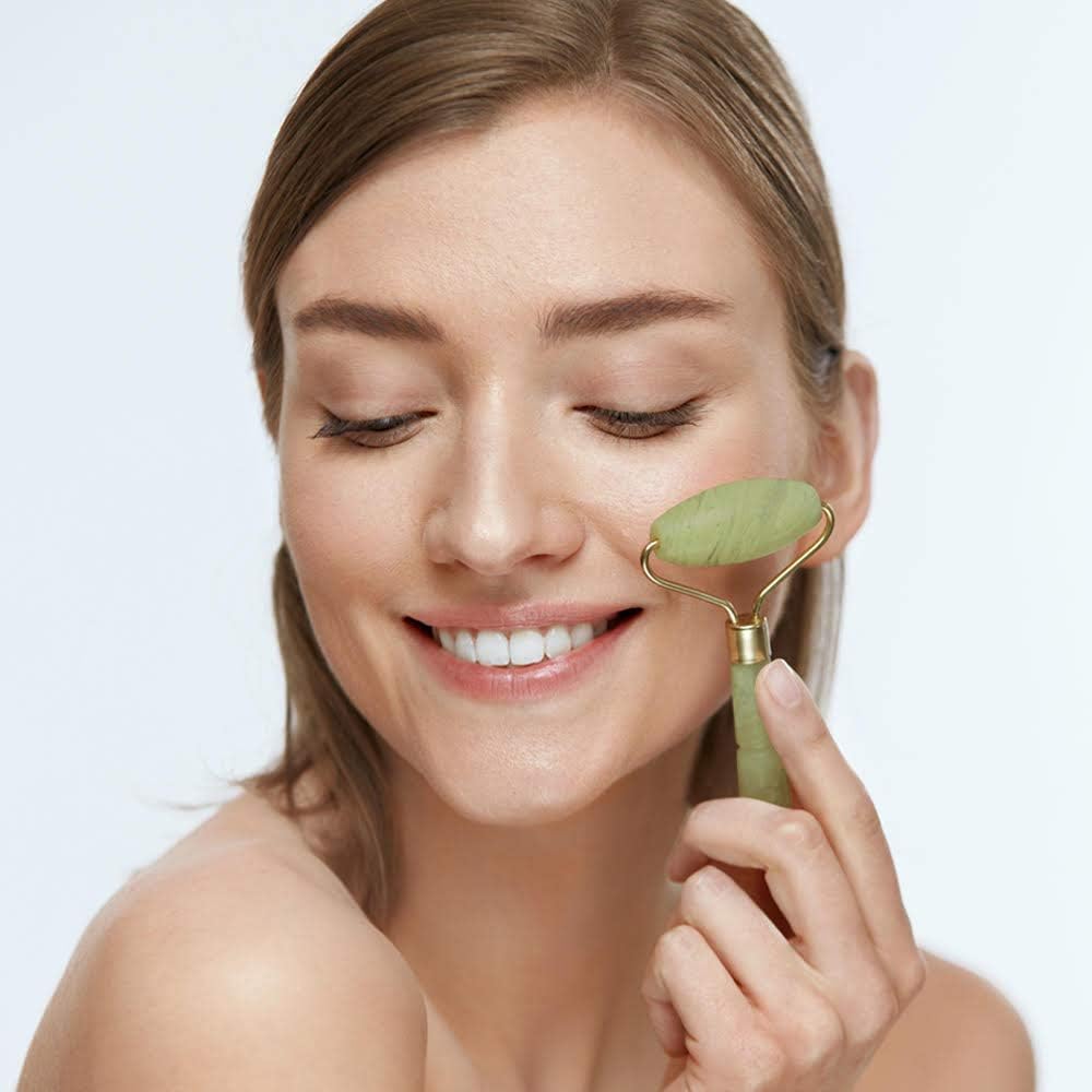Jade Face Roller - GLAMZA Double Ended Facial Roller - Stimulates Lymphatic Drainage, Improving Skin-tone & Reducing Fine Lines & Wrinkles