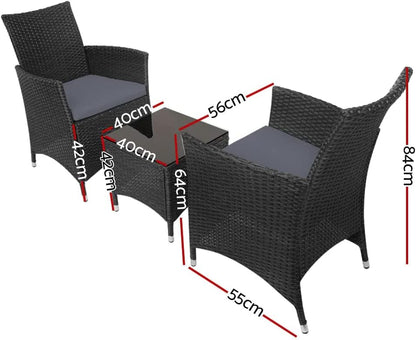 Gardeon 3pcs Wicker Patio Furniture, Bistro Set Table and Chairs Outdoor Lounge Setting Conversation Sets Dining Chair Garden Backyard, Cushion with Rattan Coffee Table Black Glass Tabletop