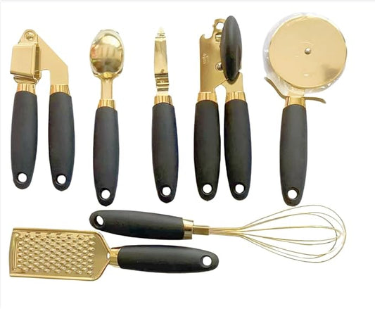 White & Gold Kitchen Tools and Gadgets - Luxe 7PC Cooking Tools and Gadgets with Anti-Slip Handles, Utensils Set, Gold Kitchen Accessories,Premium Kitchen Gadget Set (Champagne gold & black)