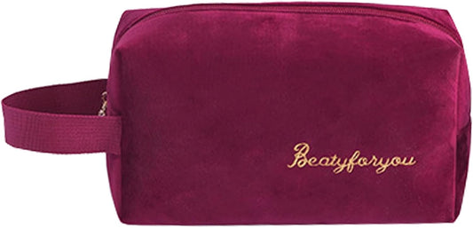 Easyplum Makeup Bag Travel Toiletry Bag,Velvet Make Up Bags for Women Makeup Organizer Case, Wide-Open Pouch Purse Travel Essentials Toiletries Accessories Brushes, (Rose Red)
