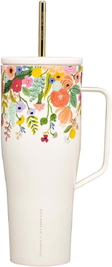 Corkcicle Rifle Paper Co. Tumbler With Straw and Handle, Reusable Water Bottle, Triple Insulated Travel Mug, BPA Free, Keeps Beverages Cold for 12 Hours & Hot for 5 Hours, Garden Party Cream, 30 oz