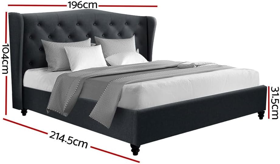 Artiss King Bed Frame Platform Wingback Headboard Frames Beds Base Bedroom Room Decor Home Furniture, Upholstered with Charcoal Faux Linen Fabric + Foam + Steel, Modern Design