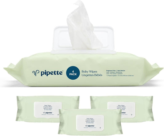 Pipette Baby Wipes with 100% plant-based fibers and plant-derived moisturizers, water-based, Fragrance-Free, 288-Count