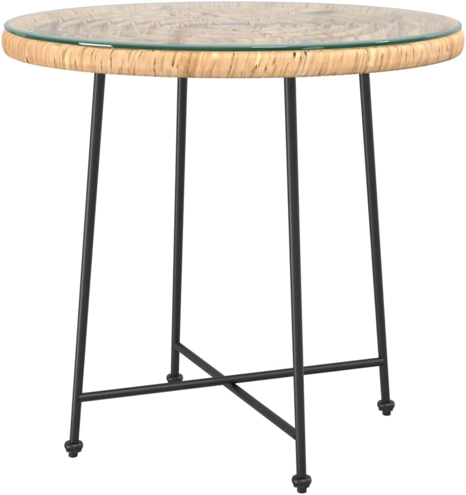 vidaXL Tempered Glass Top Dining Table-UV-Resistant PE Rattan Structure Made of Steel-Round Bistro Dinner Table-Glass Table for Patio, Garden, Living Room (Brown)