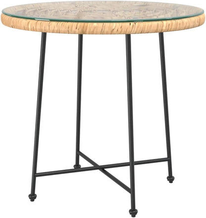 vidaXL Tempered Glass Top Dining Table-UV-Resistant PE Rattan Structure Made of Steel-Round Bistro Dinner Table-Glass Table for Patio, Garden, Living Room (Brown)